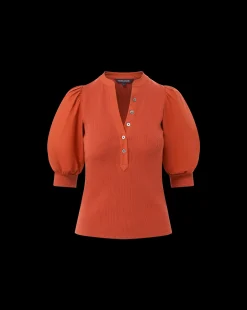 Coralee Puff-Sleeve Top in Brick Red><noscript><img width=