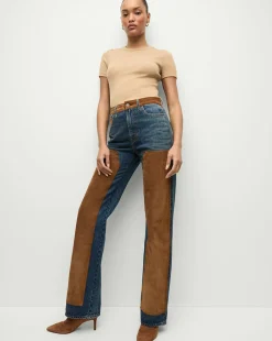 Dylan Suede-Patchwork Straight-Leg Jean in Equinox Blue>Veronica Beard Sale