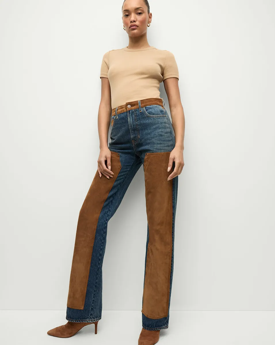 Dylan Suede-Patchwork Straight-Leg Jean in Equinox Blue>Veronica Beard Sale