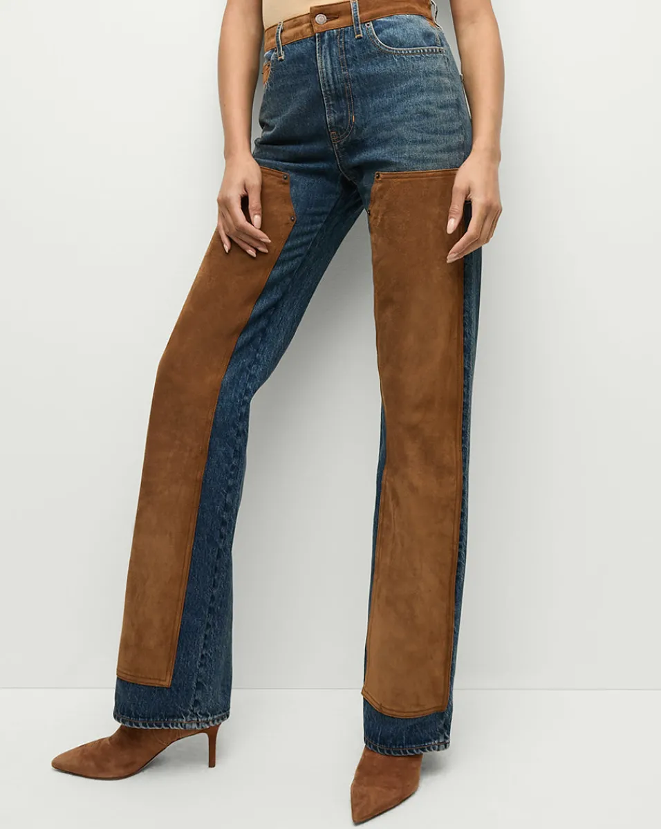 Dylan Suede-Patchwork Straight-Leg Jean in Equinox Blue>Veronica Beard Sale