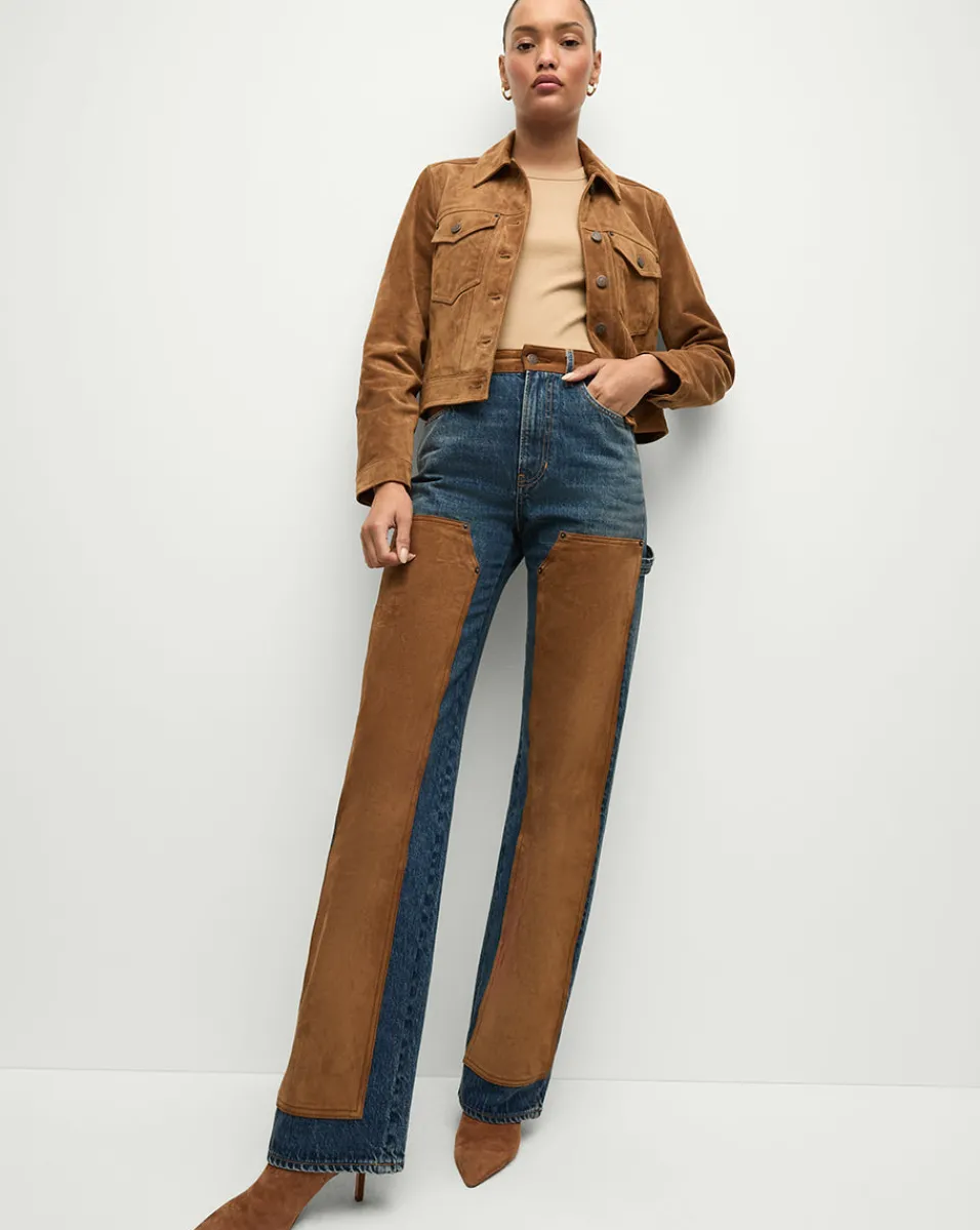 Dylan Suede-Patchwork Straight-Leg Jean in Equinox Blue>Veronica Beard Sale