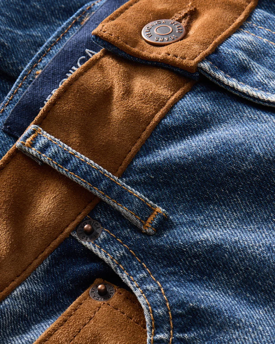 Dylan Suede-Patchwork Straight-Leg Jean in Equinox Blue>Veronica Beard Sale