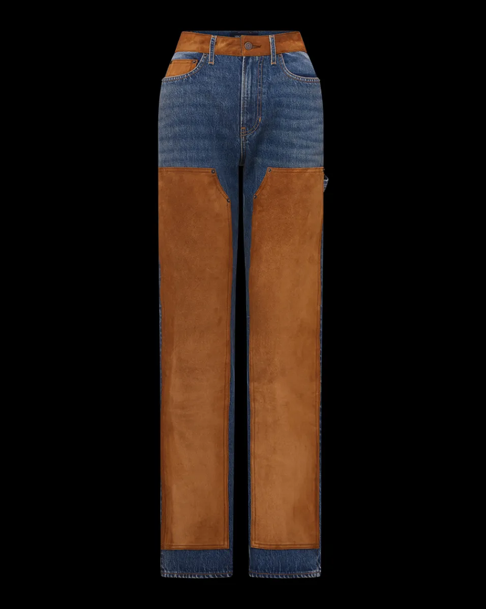 Dylan Suede-Patchwork Straight-Leg Jean in Equinox Blue>Veronica Beard Sale