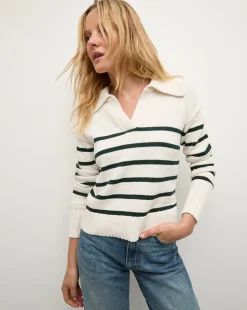 Jovie Striped V Neck Sweater in Ivory & Green>Veronica Beard Outlet