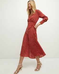 Lex Polka-Dot Dress in Brick Red/Ecru>Veronica Beard New