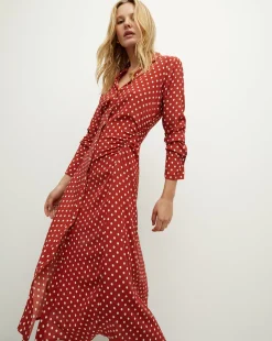 Lex Polka-Dot Dress in Brick Red/Ecru>Veronica Beard New