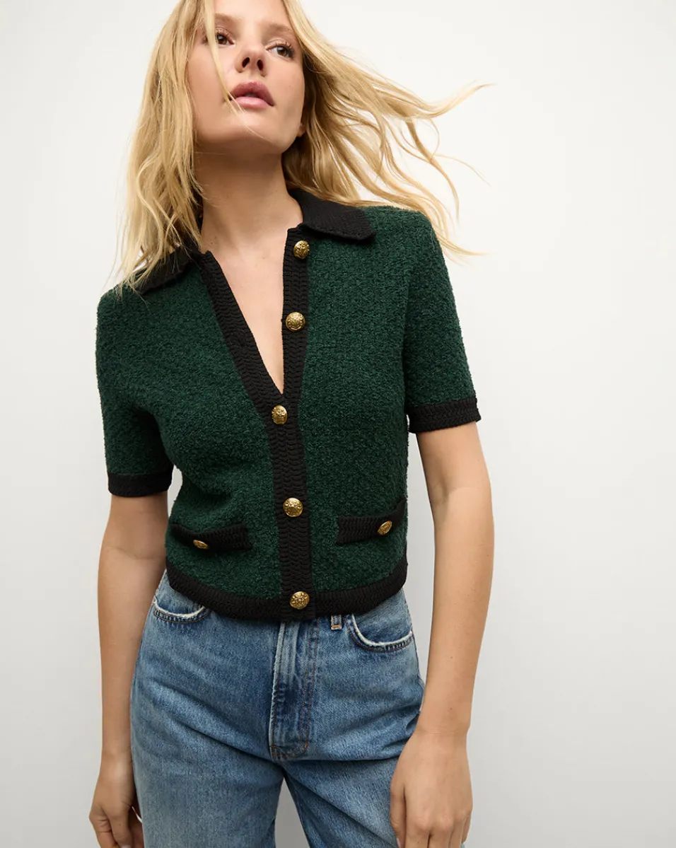Marie Tweed Cardigan in Dark Green & Black>Veronica Beard Clearance