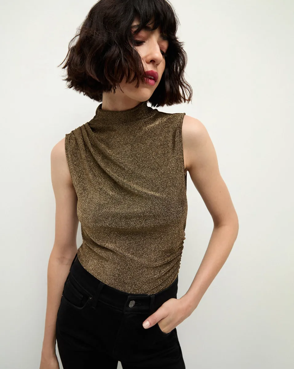 Mylie Sleeveless Top in Gold | High Neck Top>Veronica Beard New
