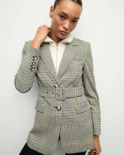Ryanne Belted Plaid Dickey Jacket in Ecru/Green Multi>Veronica Beard Hot
