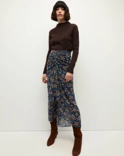 Sira Long Ruched Silk Skirt in Blue-Stone-Multi>Veronica Beard Online