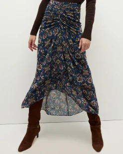 Sira Long Ruched Silk Skirt in Blue-Stone-Multi>Veronica Beard Online