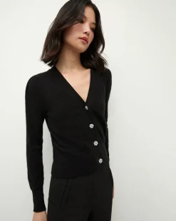 Solene Rhinestone-Button Cashmere Cardigan in Black>Veronica Beard Best