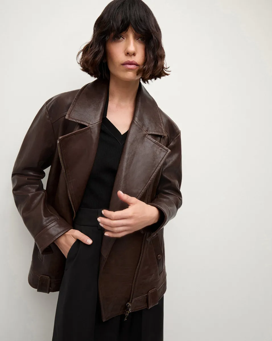 Thandie Leather Dickey Jacket in Dark Brown>Veronica Beard Online