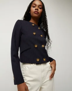 Winslow Pinstripe Collarless Jacket>Veronica Beard